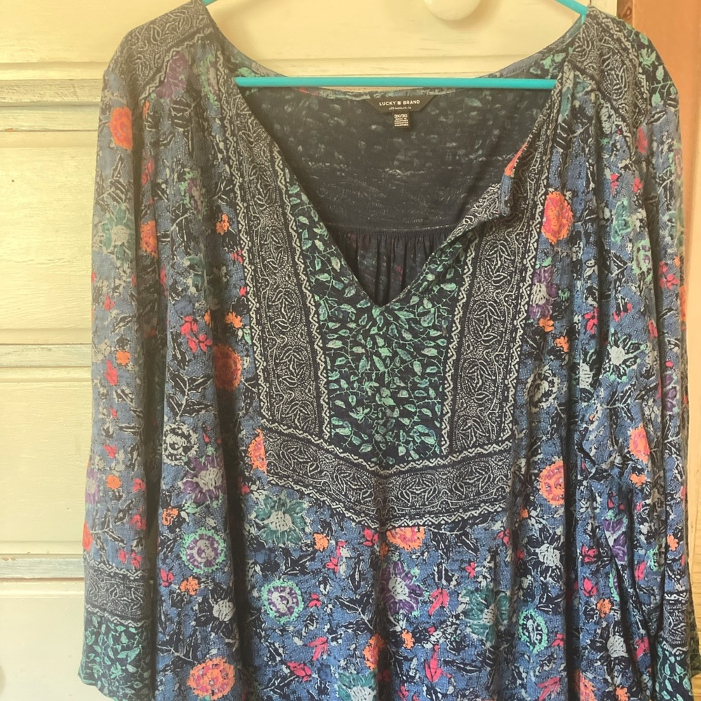 Lucky Brand Tunic 3x plus size Blue Boho long sleeve cotton